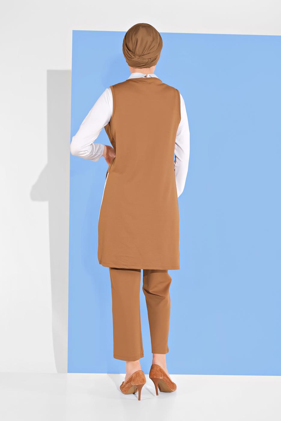 Tesettür giyim TABA YANDAN YIRTMAÇLI 3&prime;LÜ PANTOLONLU TAKIM 1405