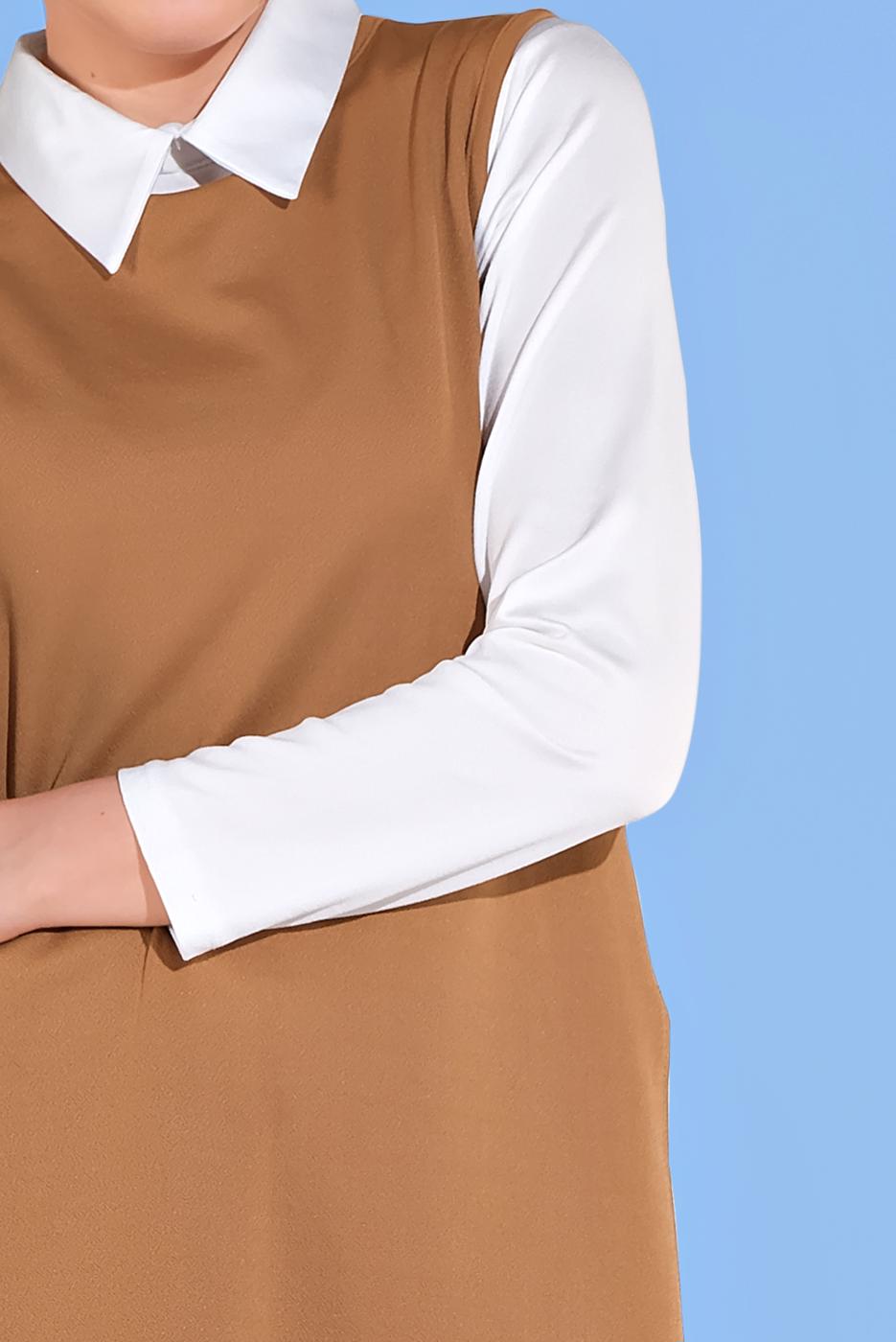 Tesettür giyim TABA YANDAN YIRTMAÇLI 3&prime;LÜ PANTOLONLU TAKIM 1405