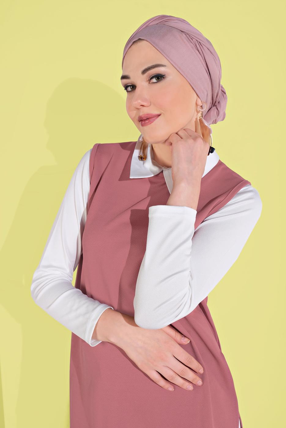 Tesettür giyim KIRMIZI YANDAN YIRTMAÇLI 3&prime;LÜ PANTOLONLU TAKIM 1405