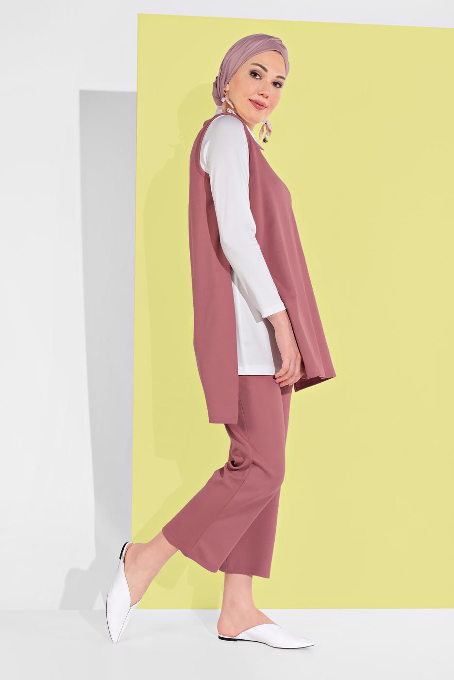 Tesettür giyim KIRMIZI YANDAN YIRTMAÇLI 3&prime;LÜ PANTOLONLU TAKIM 1405