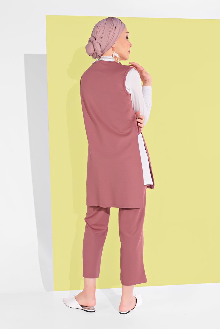 Tesettür giyim KIRMIZI YANDAN YIRTMAÇLI 3&prime;LÜ PANTOLONLU TAKIM 1405