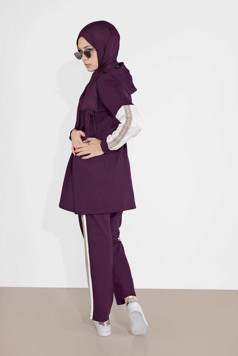 Tesettür giyim MOR KOLLARI ETNİK ŞERİT DESENLİ PANTOLONLU EŞOFMAN TAKIM 2026 