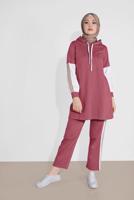 Tesettür giyim PEMBE KOLLARI ETNİK ŞERİT DESENLİ PANTOLONLU EŞOFMAN TAKIM 2026 