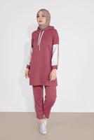 Tesettür giyim PEMBE KOLLARI ETNİK ŞERİT DESENLİ PANTOLONLU EŞOFMAN TAKIM 2026 