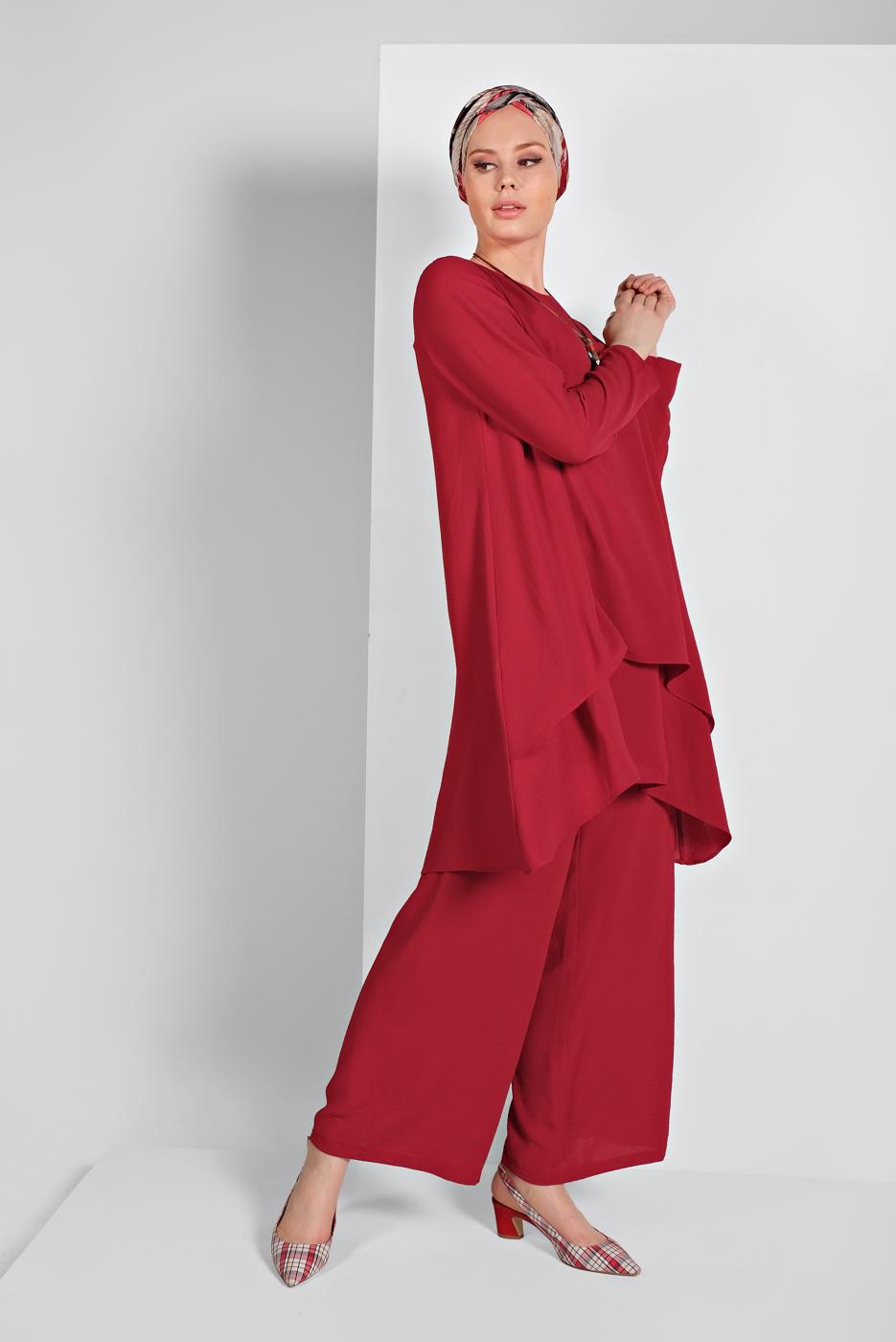 Tesettür giyim BORDO FIRFIRLI SALAŞ 2&prime;Lİ PANTOLONLU TAKIM 2113