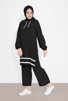 Tesettür giyim SİYAH MANŞETLERİ LASTİKLİ ŞERİT DETAYLI PANTOLONLU TAKIM 2120 