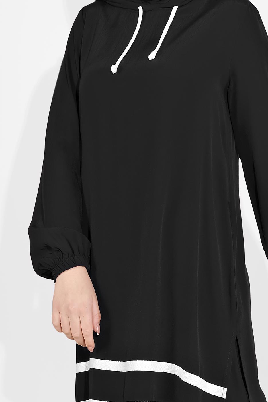 Tesettür giyim SİYAH MANŞETLERİ LASTİKLİ ŞERİT DETAYLI PANTOLONLU TAKIM 2120 