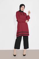 Tesettür giyim BORDO MANŞETLERİ LASTİKLİ ŞERİT DETAYLI PANTOLONLU TAKIM 2120 