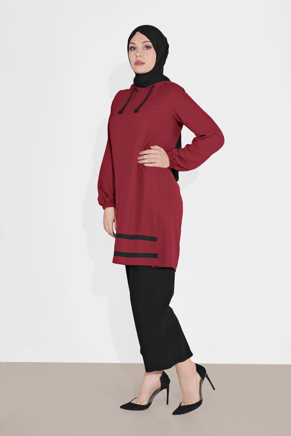 Tesettür giyim BORDO MANŞETLERİ LASTİKLİ ŞERİT DETAYLI PANTOLONLU TAKIM 2120 