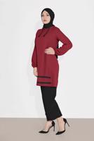 Tesettür giyim BORDO MANŞETLERİ LASTİKLİ ŞERİT DETAYLI PANTOLONLU TAKIM 2120 