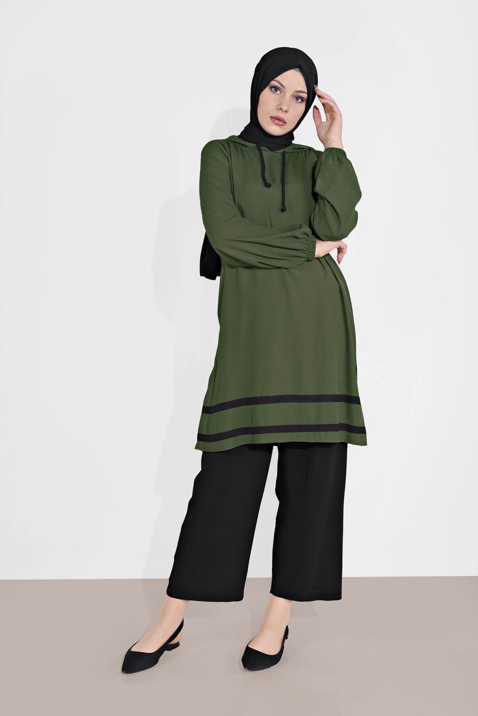 Tesettür giyim HAKİ MANŞETLERİ LASTİKLİ ŞERİT DETAYLI PANTOLONLU TAKIM 2120 