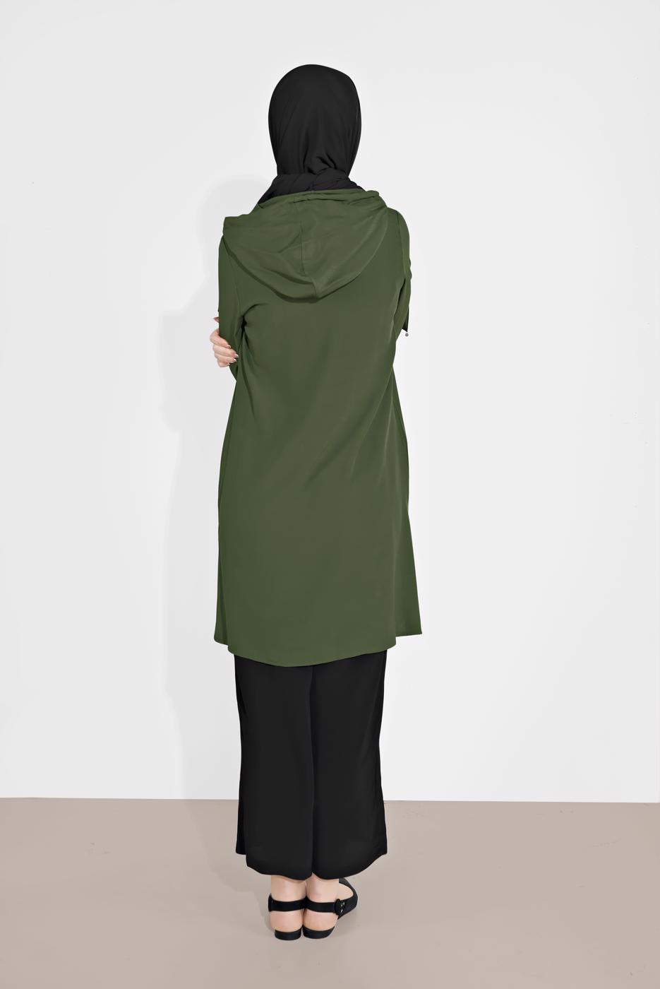 Tesettür giyim HAKİ MANŞETLERİ LASTİKLİ ŞERİT DETAYLI PANTOLONLU TAKIM 2120 