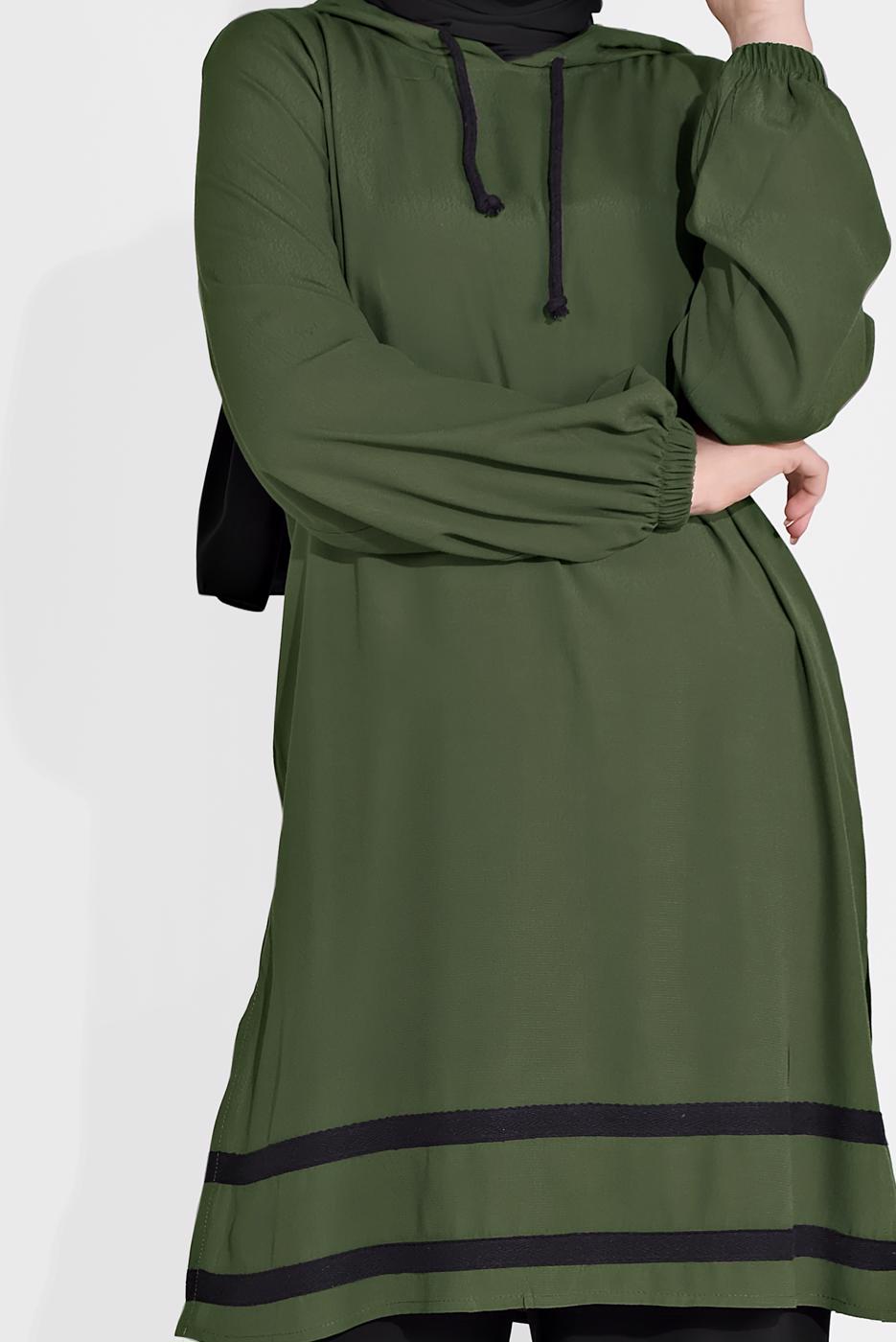 Tesettür giyim HAKİ MANŞETLERİ LASTİKLİ ŞERİT DETAYLI PANTOLONLU TAKIM 2120 