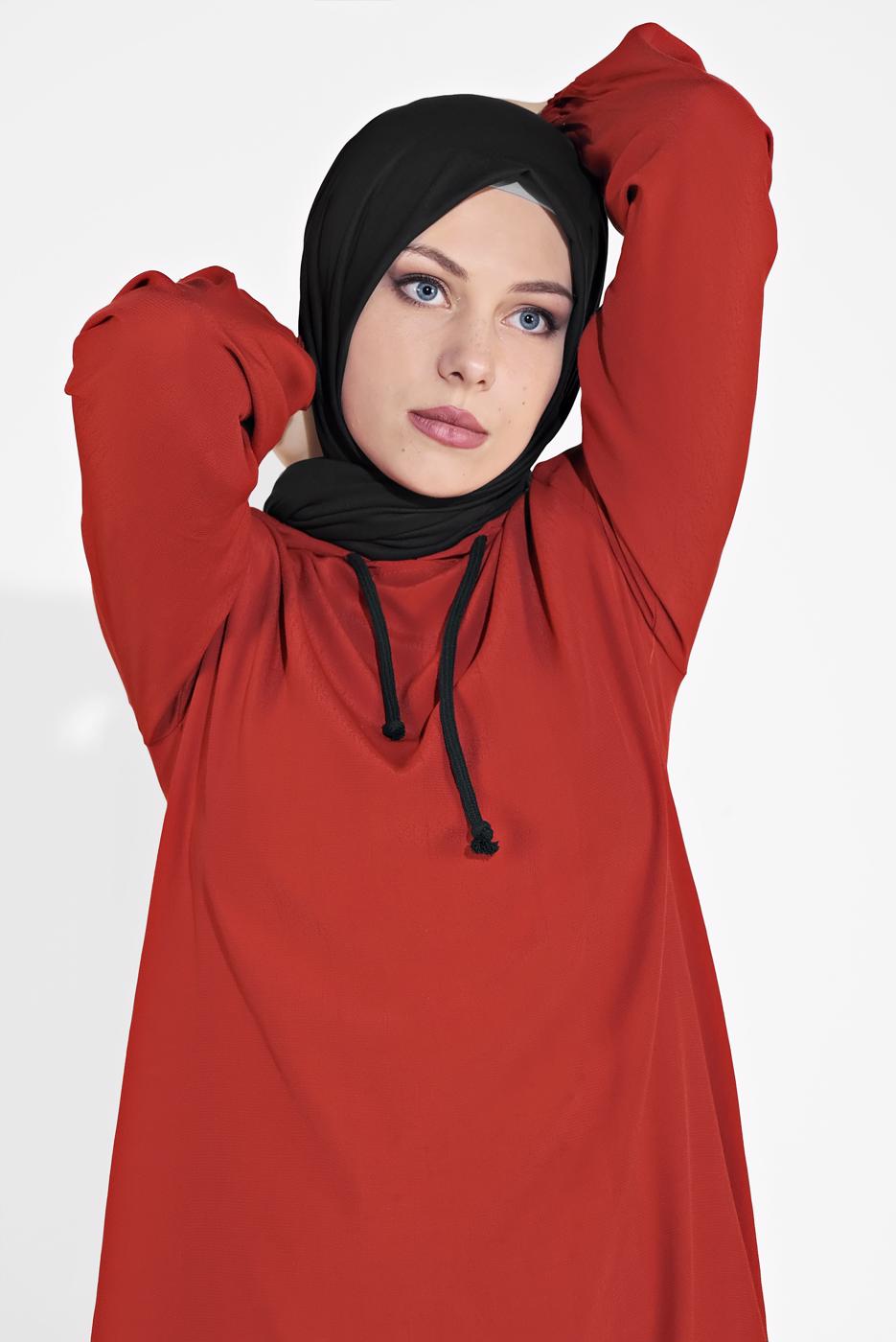 Tesettür giyim KAHVE MANŞETLERİ LASTİKLİ ŞERİT DETAYLI PANTOLONLU TAKIM 2120 