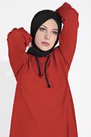 Tesettür giyim KAHVE MANŞETLERİ LASTİKLİ ŞERİT DETAYLI PANTOLONLU TAKIM 2120 