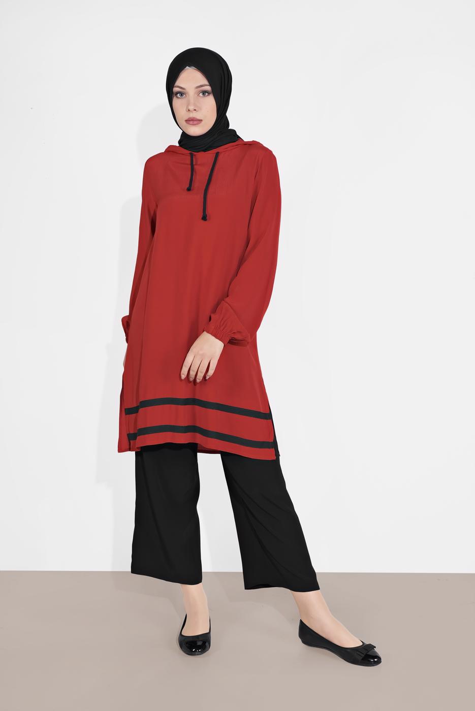 Tesettür giyim KAHVE MANŞETLERİ LASTİKLİ ŞERİT DETAYLI PANTOLONLU TAKIM 2120 