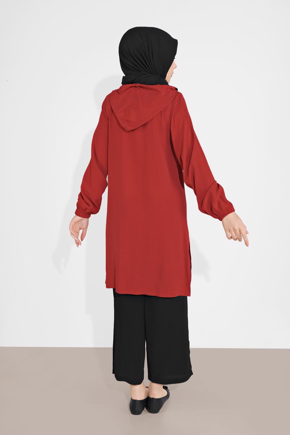 Tesettür giyim KAHVE MANŞETLERİ LASTİKLİ ŞERİT DETAYLI PANTOLONLU TAKIM 2120 