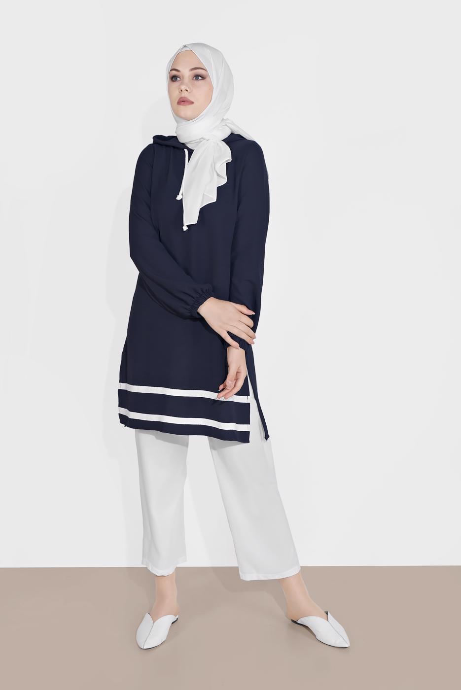 Tesettür giyim LACİVERT MANŞETLERİ LASTİKLİ ŞERİT DETAYLI PANTOLONLU TAKIM 2120 