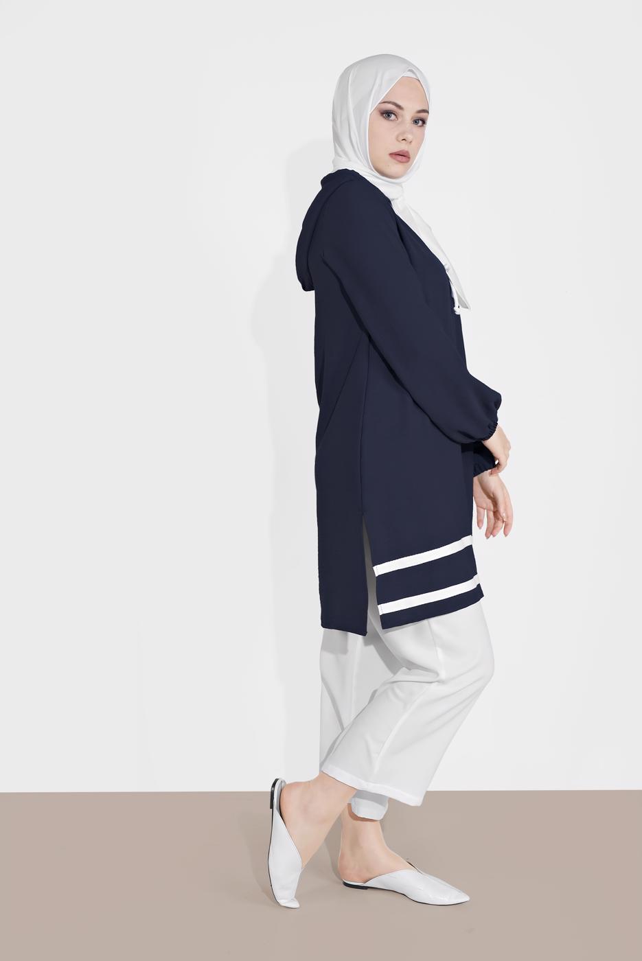 Tesettür giyim LACİVERT MANŞETLERİ LASTİKLİ ŞERİT DETAYLI PANTOLONLU TAKIM 2120 