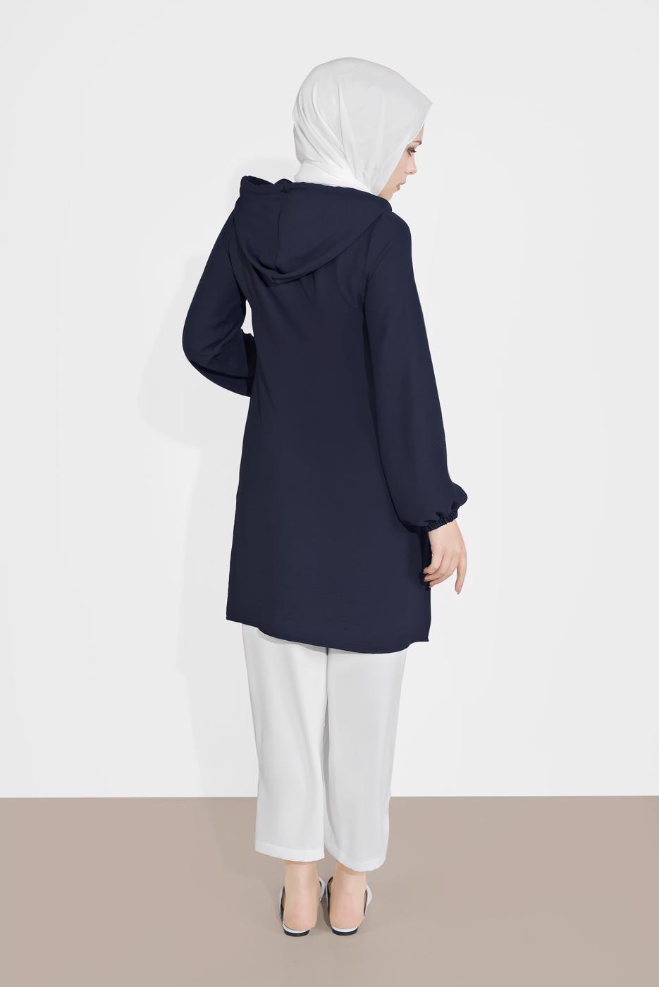Tesettür giyim LACİVERT MANŞETLERİ LASTİKLİ ŞERİT DETAYLI PANTOLONLU TAKIM 2120 