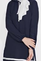 Tesettür giyim LACİVERT MANŞETLERİ LASTİKLİ ŞERİT DETAYLI PANTOLONLU TAKIM 2120 