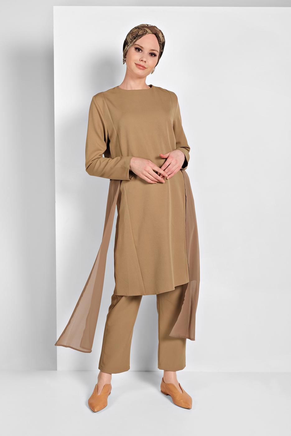 Tesettür giyim KAHVE PULLU TÜL DETAYLI İKİLİ PANTOLONLU TAKIM 2255
