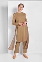 Tesettür giyim KAHVE PULLU TÜL DETAYLI İKİLİ PANTOLONLU TAKIM 2255