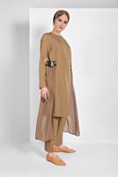 Tesettür giyim KAHVE PULLU TÜL DETAYLI İKİLİ PANTOLONLU TAKIM 2255