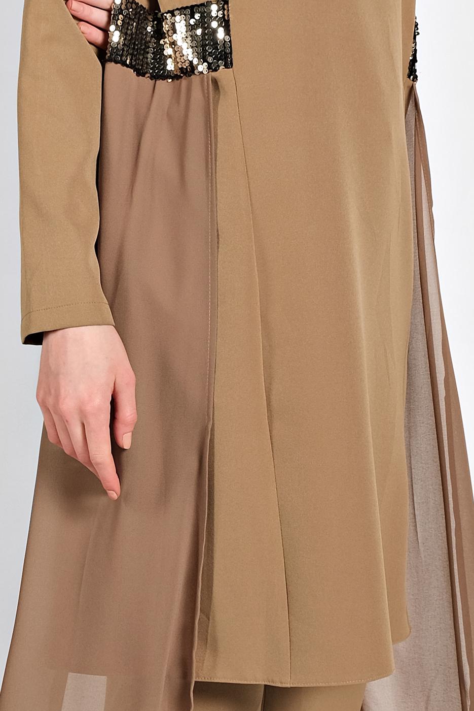 Tesettür giyim KAHVE PULLU TÜL DETAYLI İKİLİ PANTOLONLU TAKIM 2255