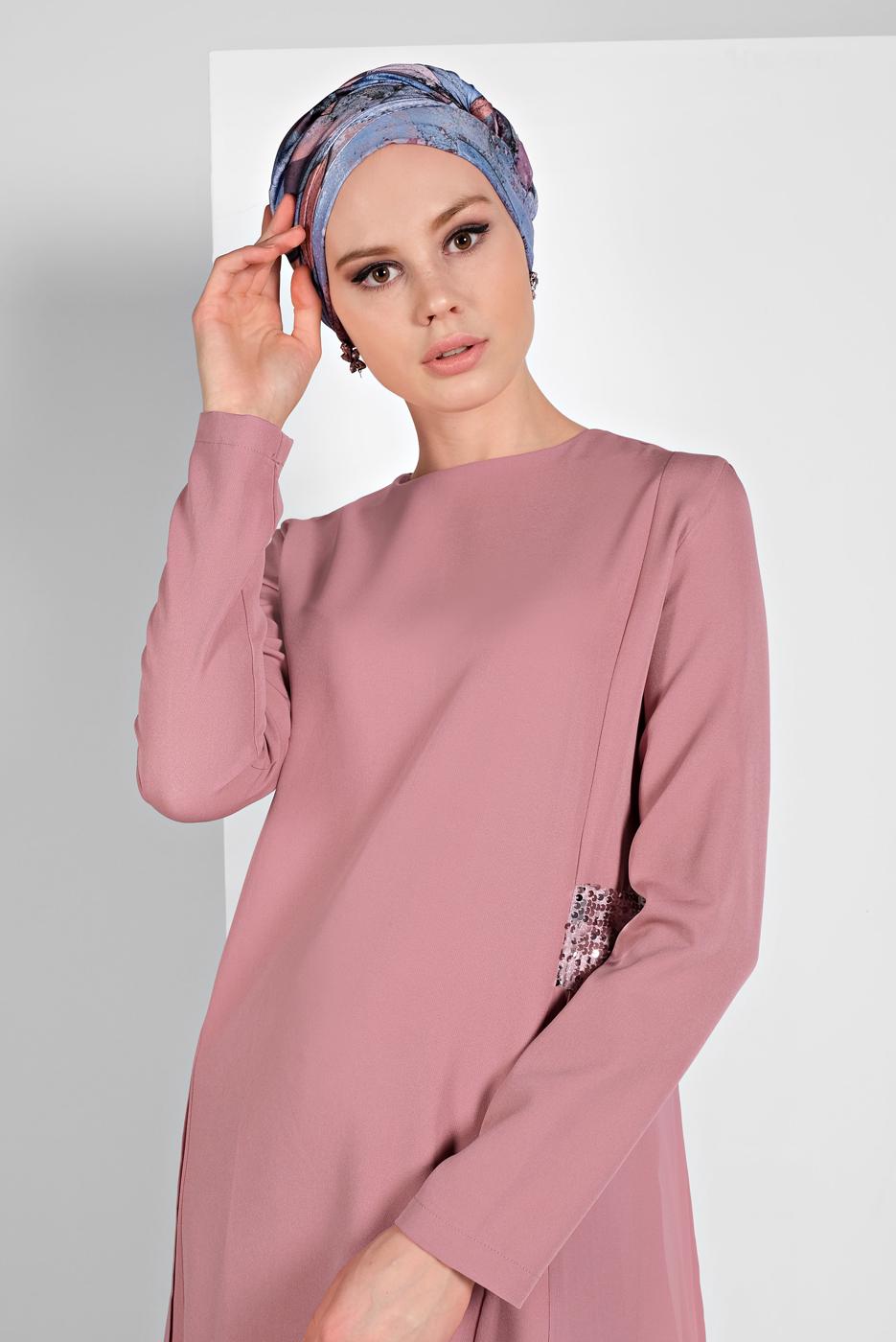 Tesettür giyim PUDRA PULLU TÜL DETAYLI İKİLİ PANTOLONLU TAKIM 2255