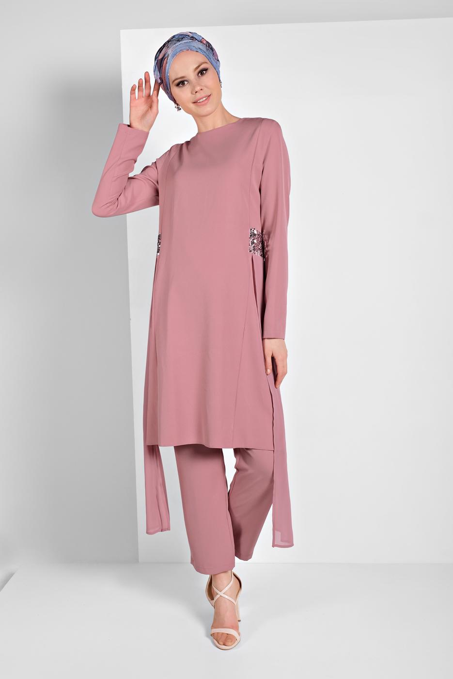 Tesettür giyim PUDRA PULLU TÜL DETAYLI İKİLİ PANTOLONLU TAKIM 2255