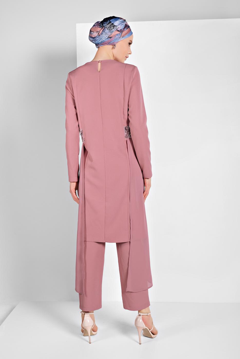 Tesettür giyim PUDRA PULLU TÜL DETAYLI İKİLİ PANTOLONLU TAKIM 2255