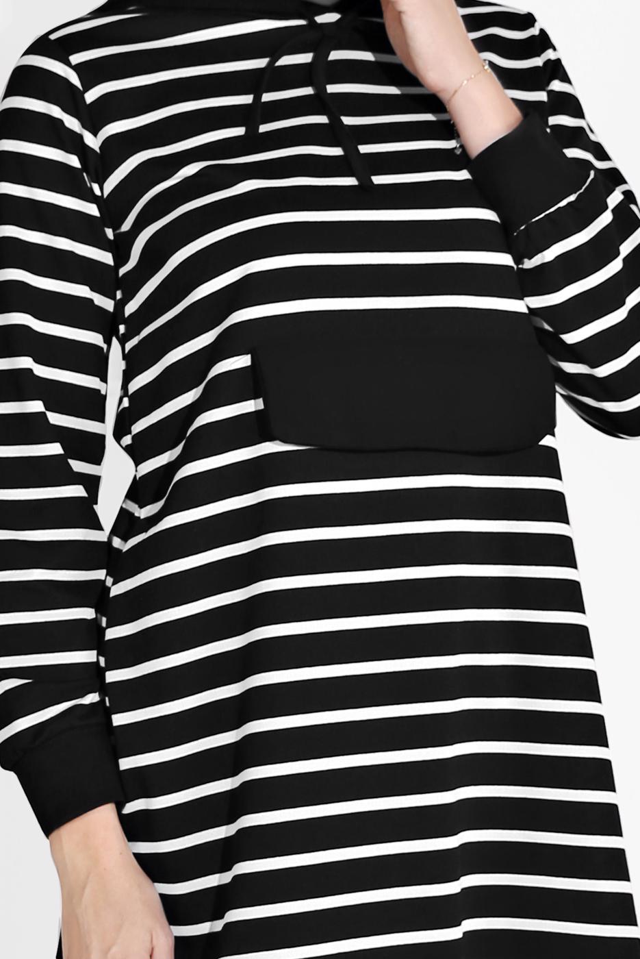 Tesettür giyim SİYAH ÇİZGİLİ KAPÜŞONLU EŞOFMAN TAKIM 2426