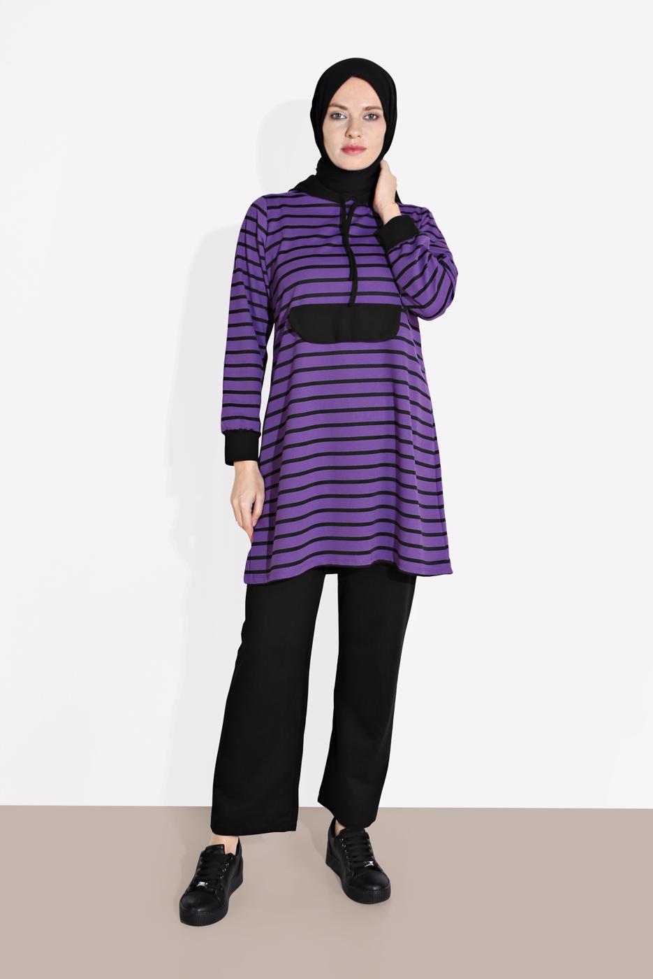 Tesettür giyim MOR ÇİZGİLİ KAPÜŞONLU EŞOFMAN TAKIM 2426