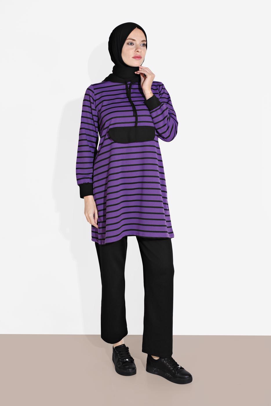 Tesettür giyim MOR ÇİZGİLİ KAPÜŞONLU EŞOFMAN TAKIM 2426
