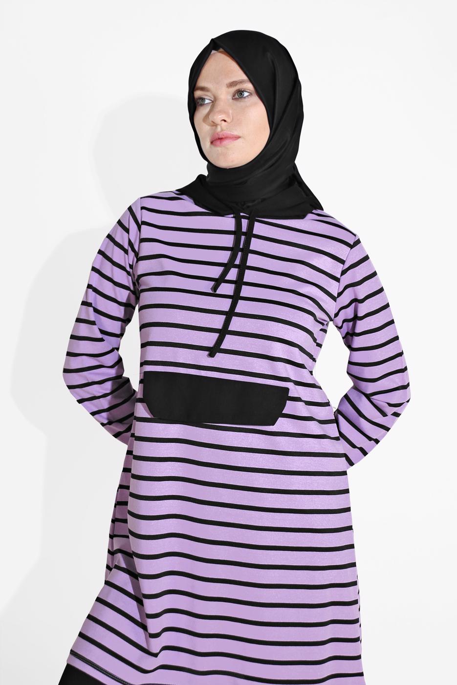 Tesettür giyim MOR ÇİZGİLİ KAPÜŞONLU EŞOFMAN TAKIM 2426