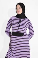 Tesettür giyim MOR ÇİZGİLİ KAPÜŞONLU EŞOFMAN TAKIM 2426