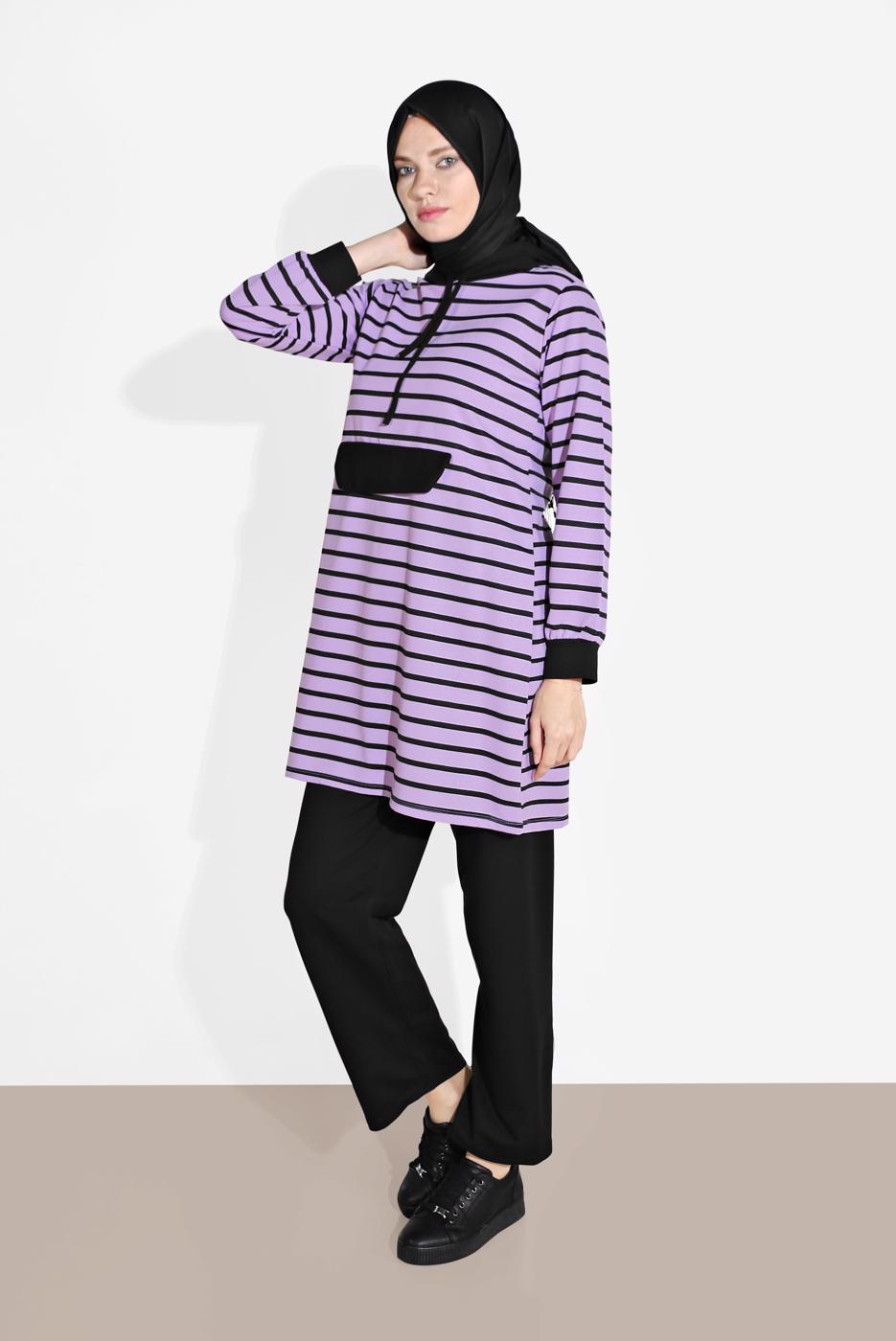 Tesettür giyim MOR ÇİZGİLİ KAPÜŞONLU EŞOFMAN TAKIM 2426