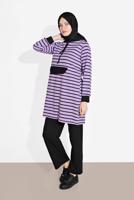 Tesettür giyim MOR ÇİZGİLİ KAPÜŞONLU EŞOFMAN TAKIM 2426