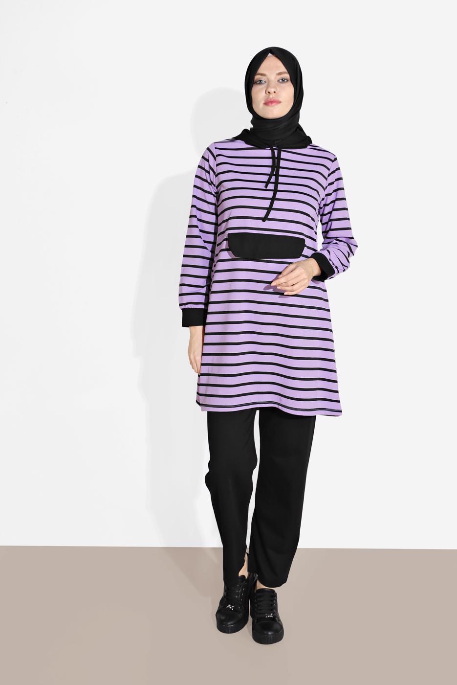 Tesettür giyim MOR ÇİZGİLİ KAPÜŞONLU EŞOFMAN TAKIM 2426