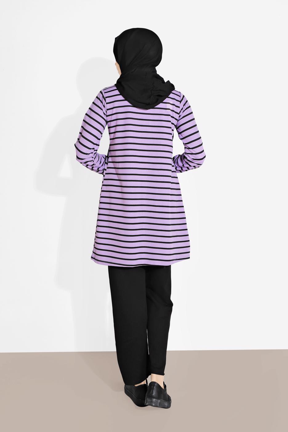Tesettür giyim MOR ÇİZGİLİ KAPÜŞONLU EŞOFMAN TAKIM 2426