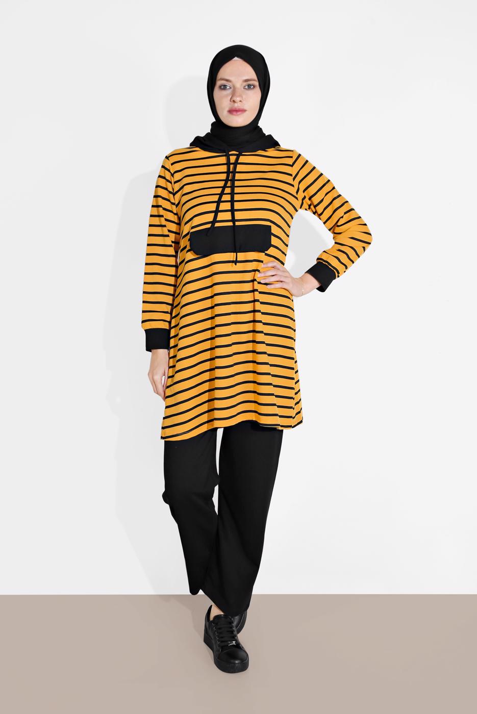 Tesettür giyim SARI ÇİZGİLİ KAPÜŞONLU EŞOFMAN TAKIM 2426