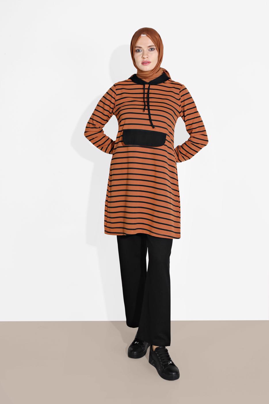 Tesettür giyim TURUNCU ÇİZGİLİ KAPÜŞONLU EŞOFMAN TAKIM 2426