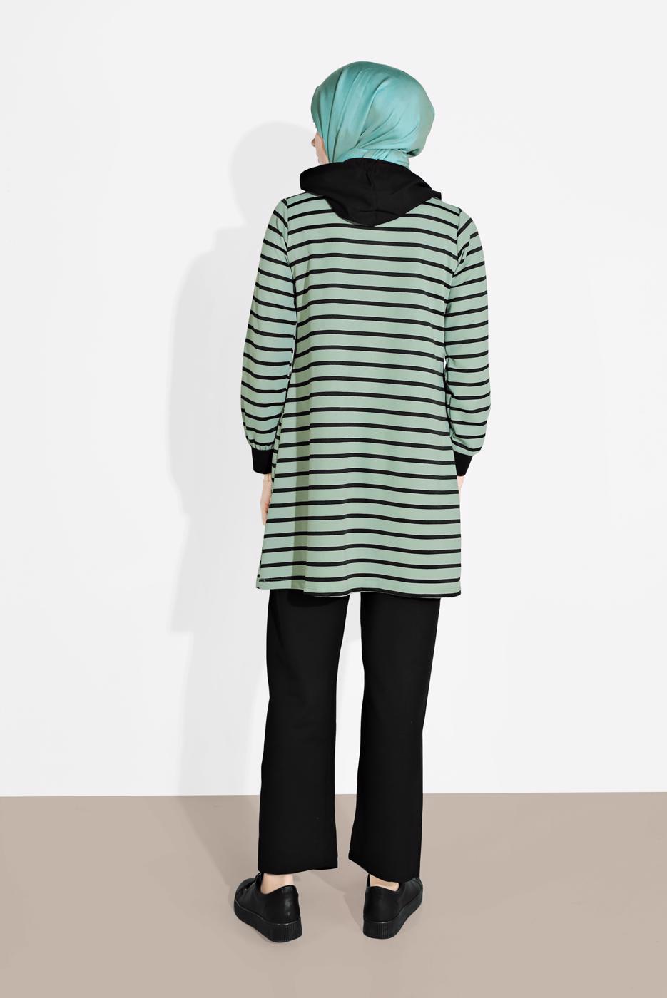 Tesettür giyim YEŞİL ÇİZGİLİ KAPÜŞONLU EŞOFMAN TAKIM 2426