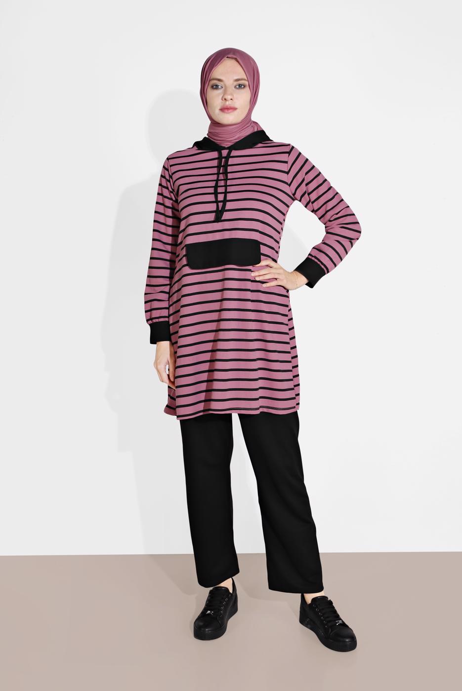 Tesettür giyim PEMBE ÇİZGİLİ KAPÜŞONLU EŞOFMAN TAKIM 2426