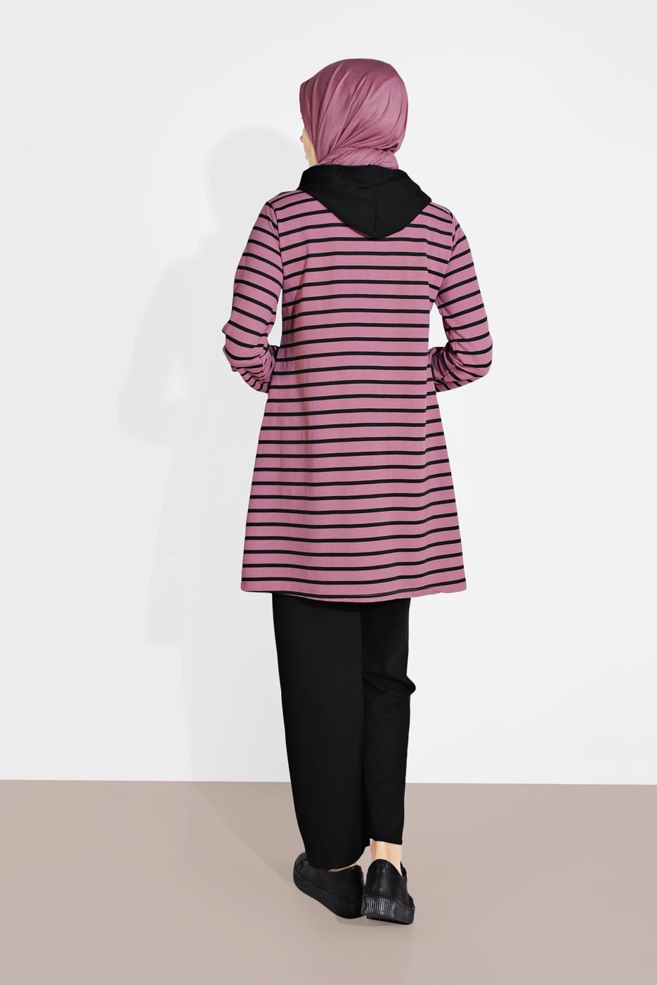 Tesettür giyim PEMBE ÇİZGİLİ KAPÜŞONLU EŞOFMAN TAKIM 2426