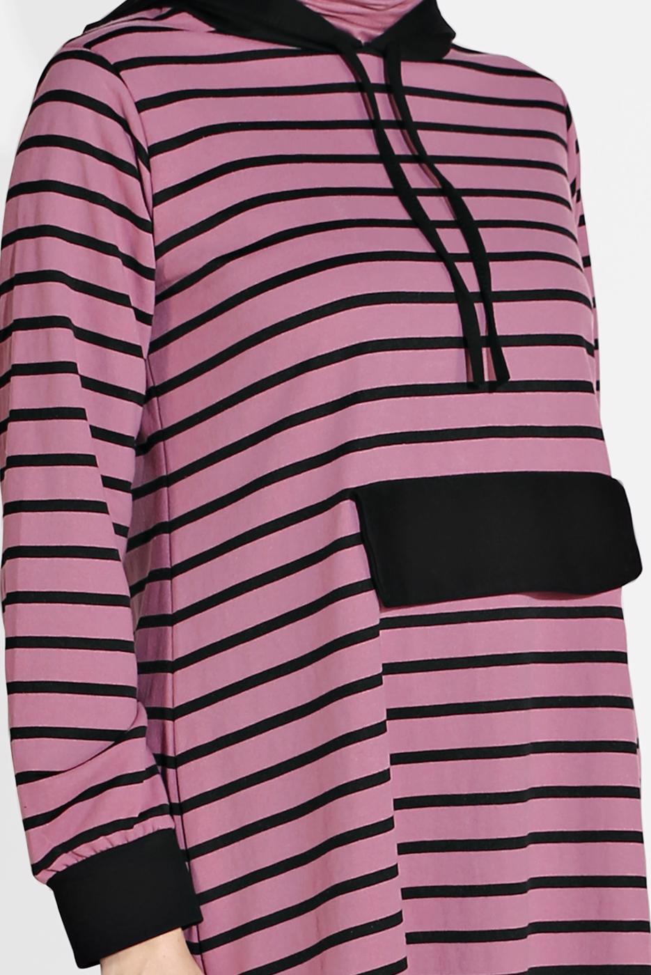 Tesettür giyim PEMBE ÇİZGİLİ KAPÜŞONLU EŞOFMAN TAKIM 2426