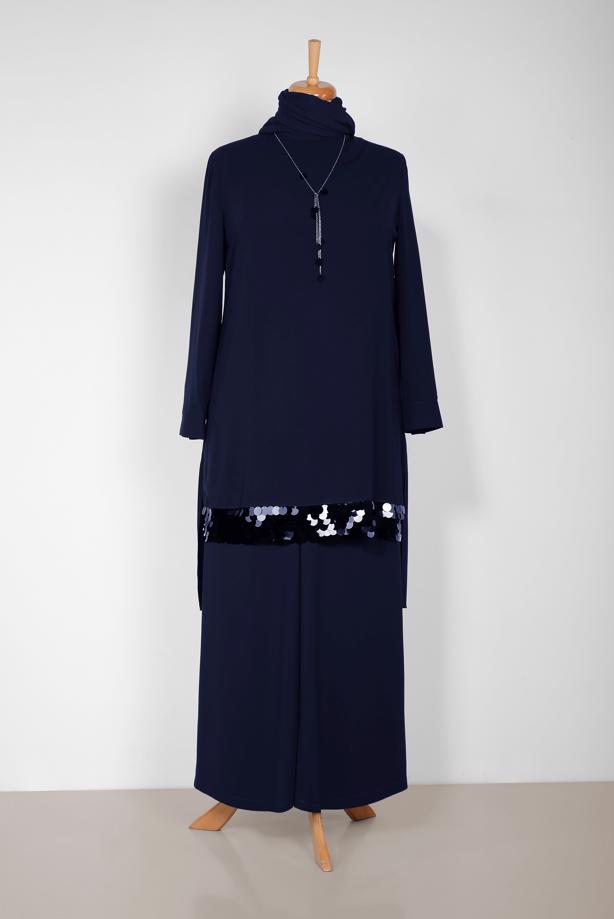 Tesettür giyim LACİVERT ALVİNA PUL PAYET DETAYLI 2′Lİ PANTOLONLU TAKIM 2853  - TRENDTESETTÜR