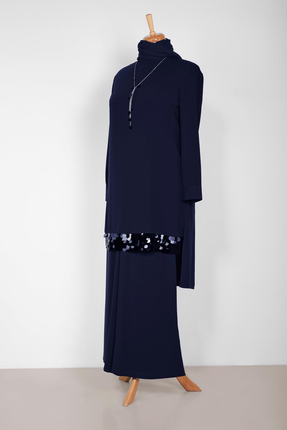 Tesettür giyim LACİVERT ALVİNA PUL PAYET DETAYLI 2′Lİ PANTOLONLU TAKIM 2853 