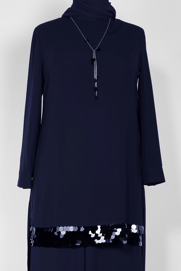 Tesettür giyim LACİVERT ALVİNA PUL PAYET DETAYLI 2′Lİ PANTOLONLU TAKIM 2853  - TRENDTESETTÜR